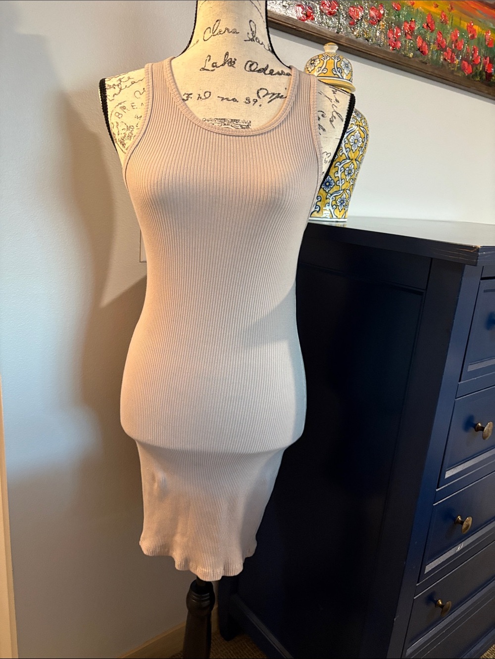Ribbed Stretchy Dress in Light Beige